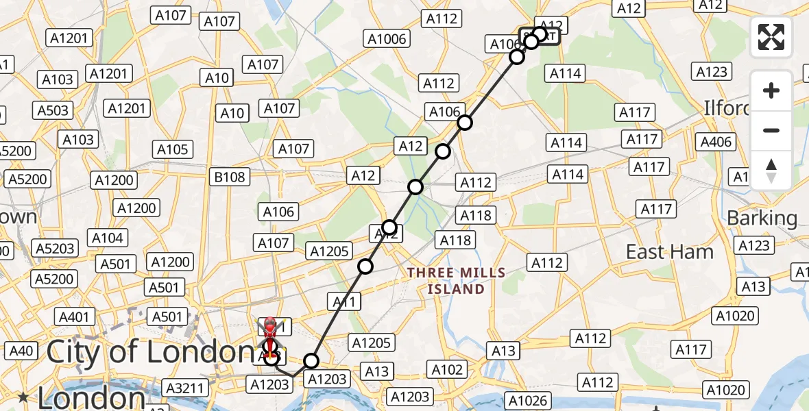 Flight route Air Ambulance Helicopter Wanstead - Royal London Hospital, 17 October 2026, 13:06