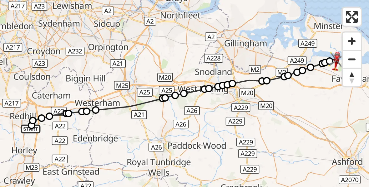 Flight route Air Ambulance Helicopter Redhill Aerodrome - Conyer, 17 October 2026, 13:13