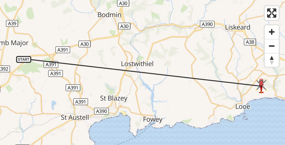 Flight route Air Ambulance Helicopter St. Columb Major - St. Martin-by-Looe, 17 October 2026, 13:13