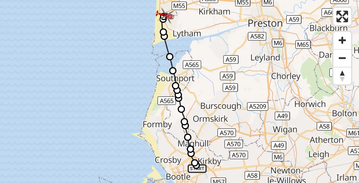 Flight route Air Ambulance Helicopter Aintree University Hospital Heliport - Blackpool Airport, 17 October 2026, 13:14
