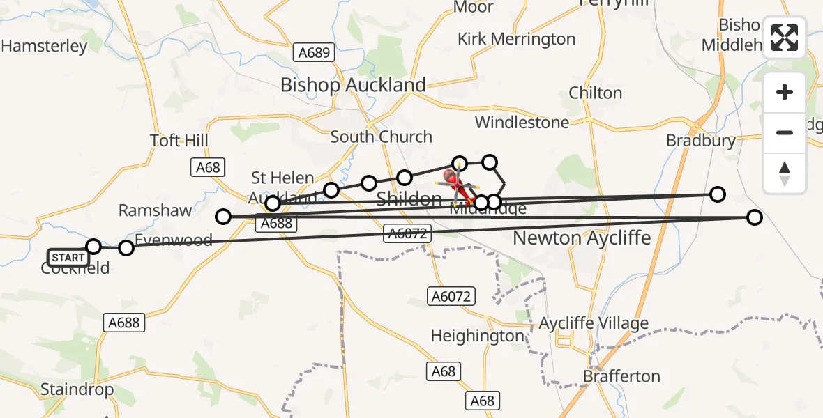 Flight route Air Ambulance Helicopter Cockfield - Eldon, 17 October 2026, 13:16