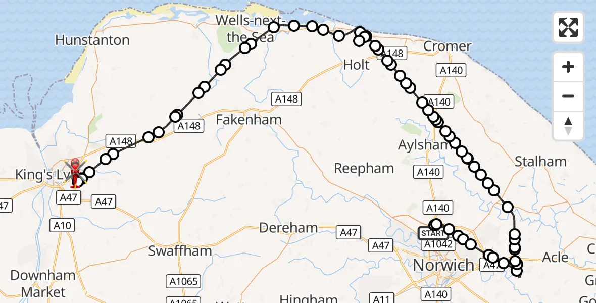 Flight route Air Ambulance Helicopter Norwich Airport - King's Lynn and West Norfolk, 17 October 2026, 13:25