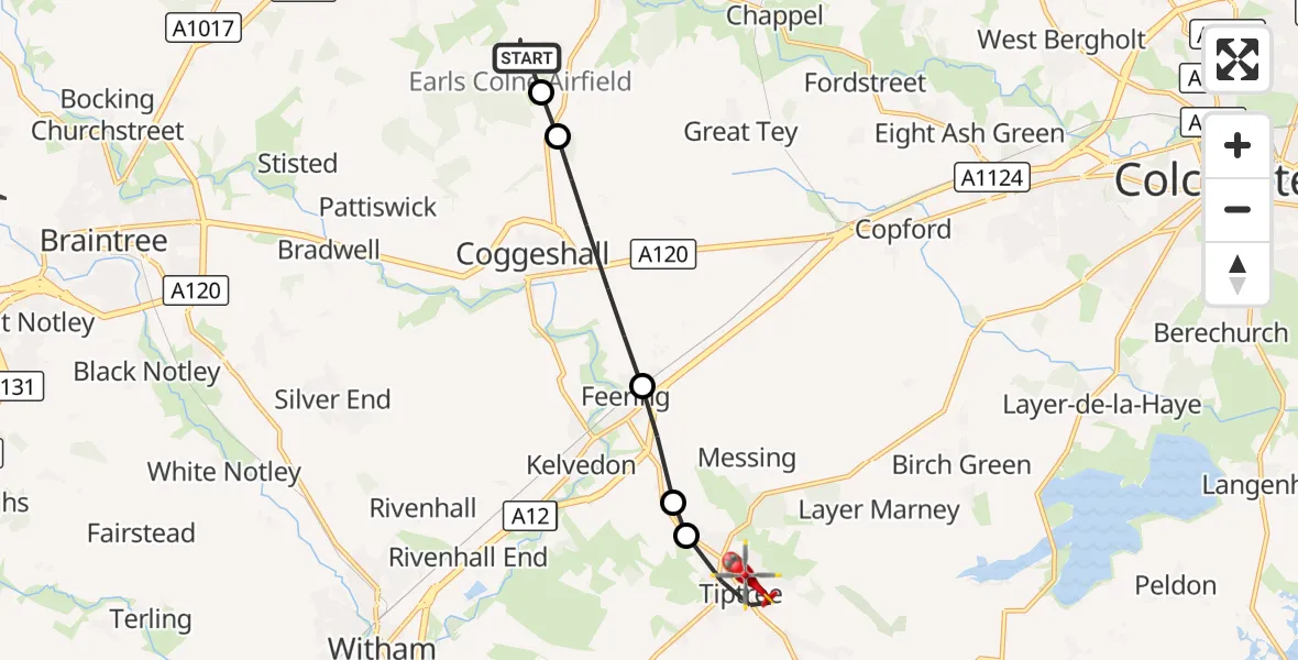 Flight route Air Ambulance Helicopter Earls Colne Airfield - Tiptree, 17 October 2026, 13:28