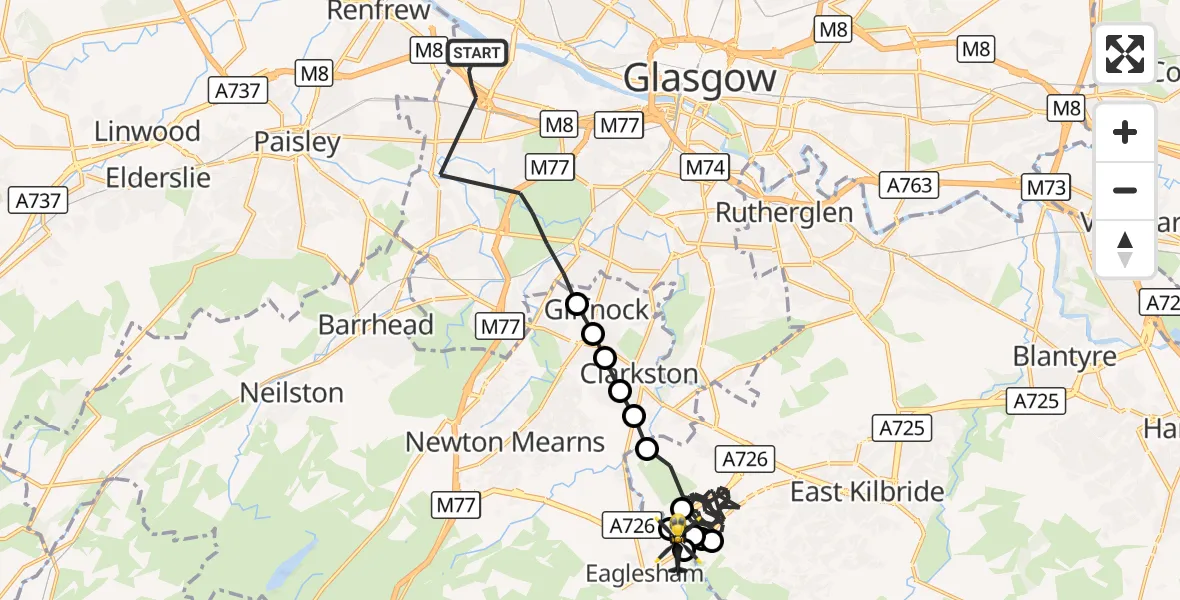 Flight route Police Helicopter Glasgow - Jackton, 17 October 2026, 13:36
