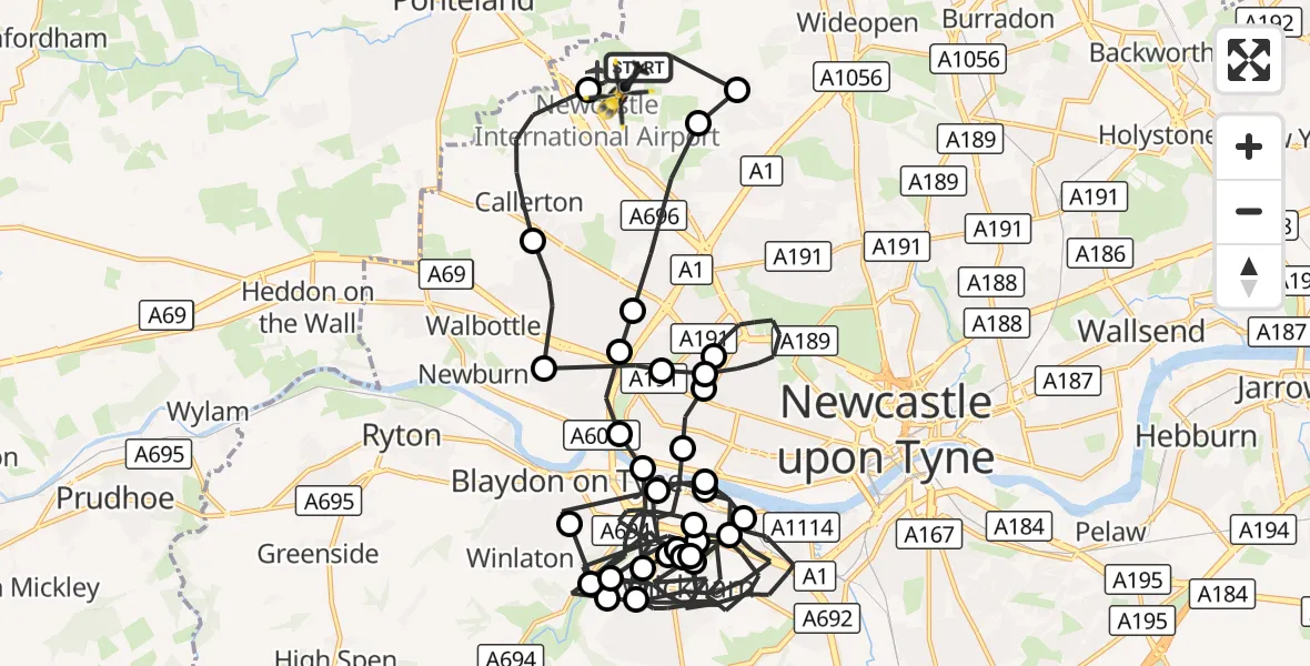 Flight route Police Helicopter Newcastle International Airport - Newcastle International Airport, 17 October 2026, 13:37
