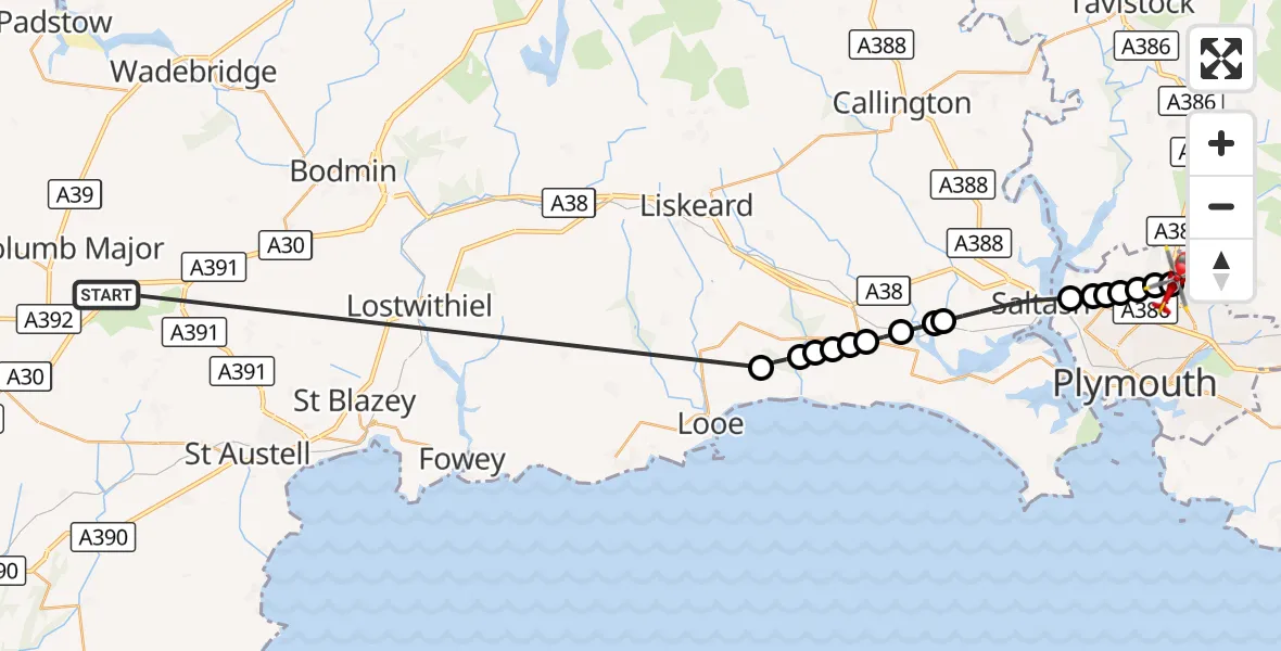 Flight route Air Ambulance Helicopter St. Columb Major - Derriford Hospital, 17 October 2026, 13:37
