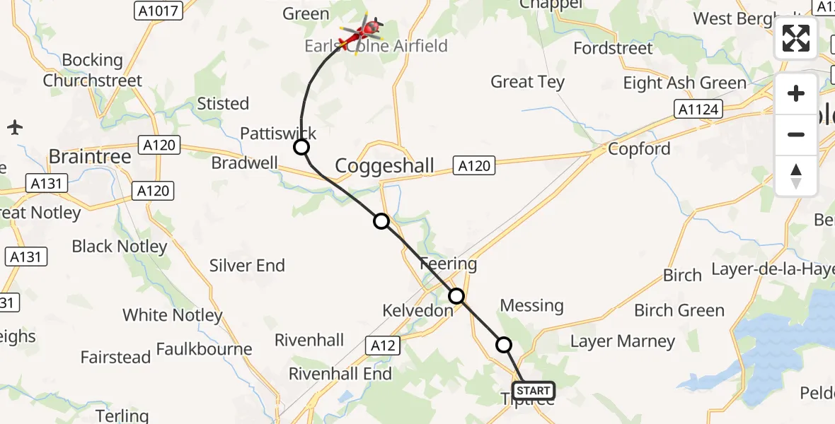 Flight route Air Ambulance Helicopter Tiptree - Braintree, 17 October 2026, 13:41