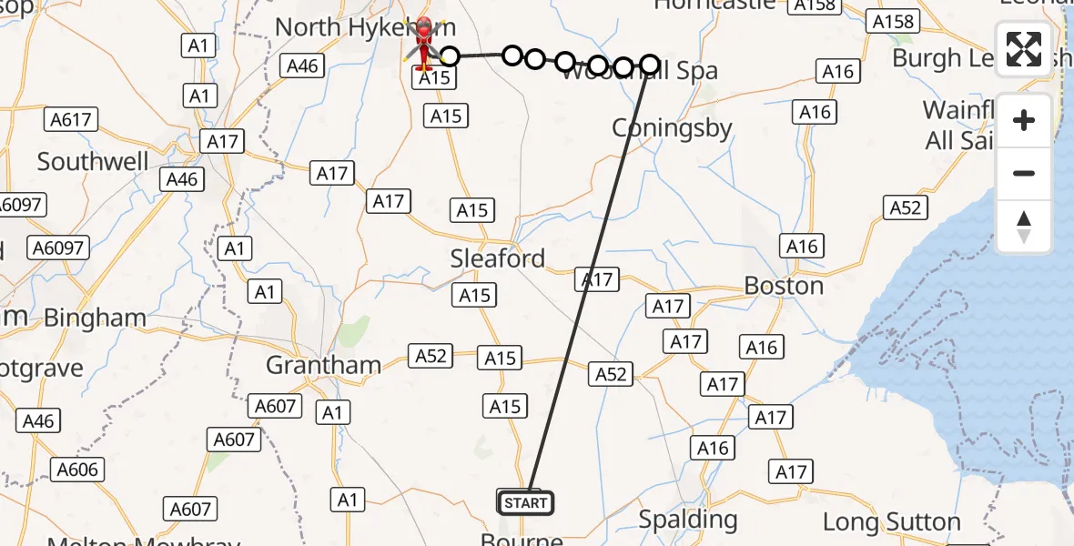 Flight route Air Ambulance Helicopter Morton - North Kesteven, 17 October 2026, 13:44