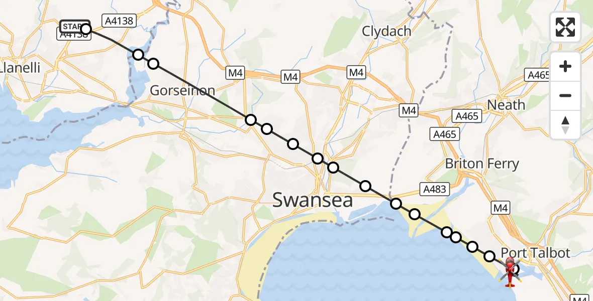Flight route Air Ambulance Helicopter Dafen - Margam Moors, 17 October 2026, 13:48