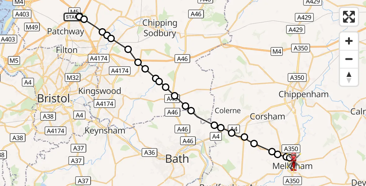 Flight route Air Ambulance Helicopter Almondsbury Helicopter Base - Melksham, 17 October 2026, 14:00