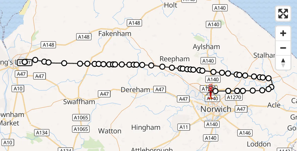 Flight route Air Ambulance Helicopter Queen Elizabeth Hospital - Norwich Airport, 17 October 2026, 14:13
