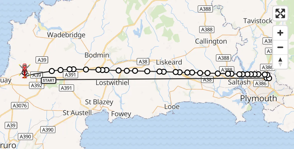 Flight route Air Ambulance Helicopter St. Columb Major - Cornwall Airport Newquay, 17 October 2026, 14:22