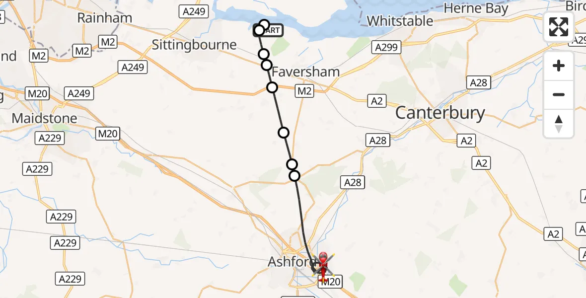 Flight route Air Ambulance Helicopter Conyer - Ashford, 17 October 2026, 14:27