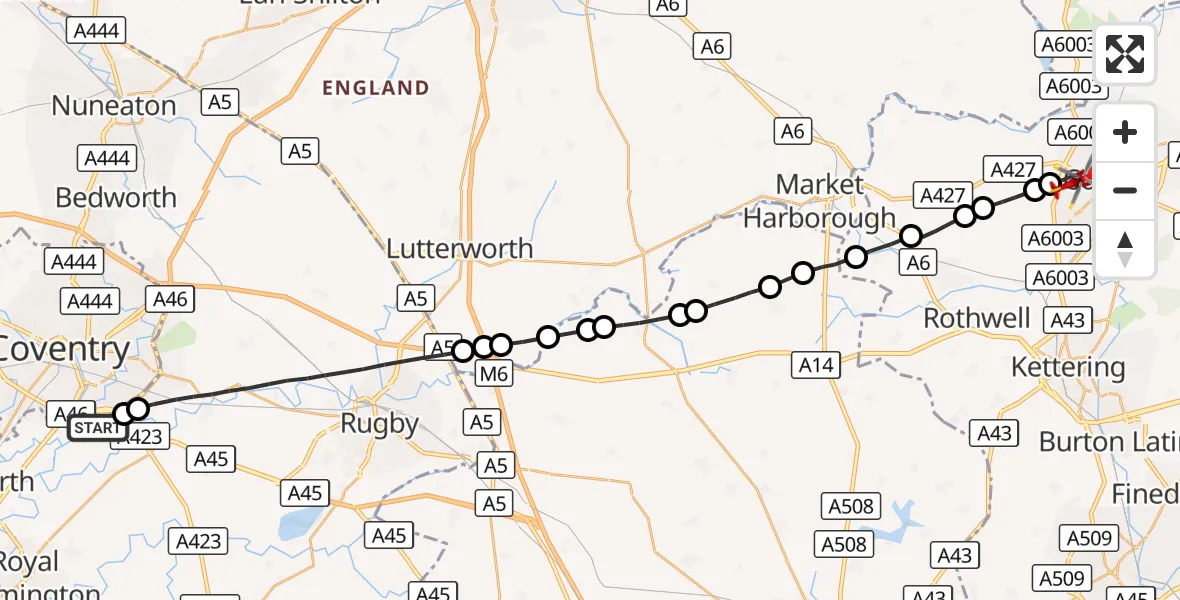 Flight route Air Ambulance Helicopter Coventry Airport - Corby, 17 October 2026, 14:29