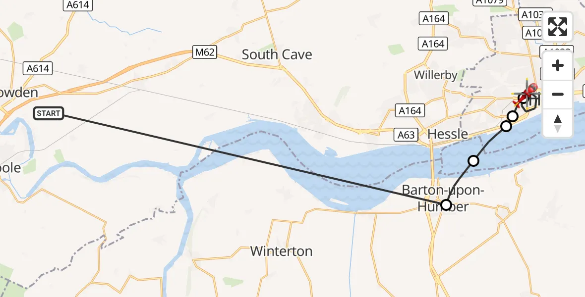 Flight route Air Ambulance Helicopter Balkholme - Hull Royal Infirmary, 17 October 2026, 14:29