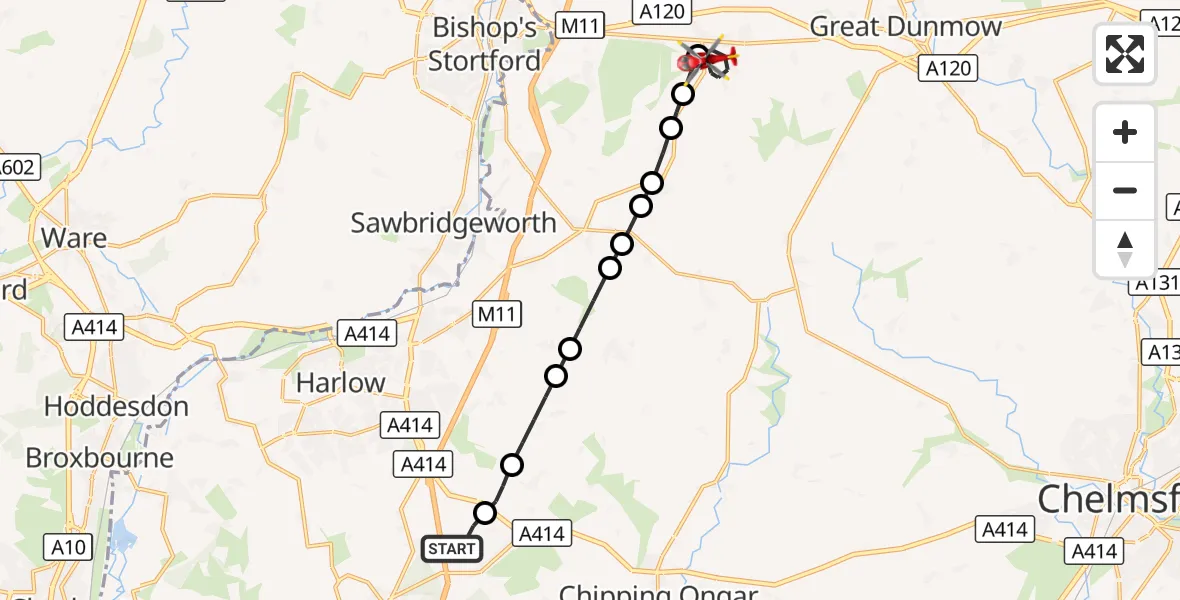 Flight route Air Ambulance Helicopter North Weald Airfield - Takeley, 17 October 2026, 14:32