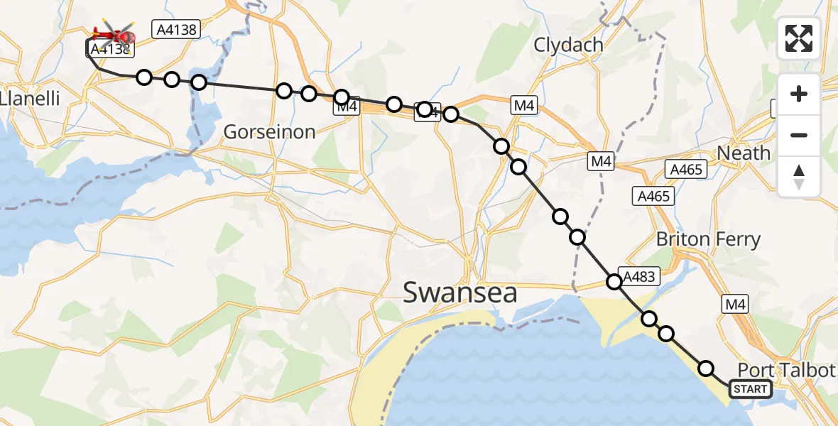 Flight route Air Ambulance Helicopter Sandfields East - Dafen, 17 October 2026, 14:47