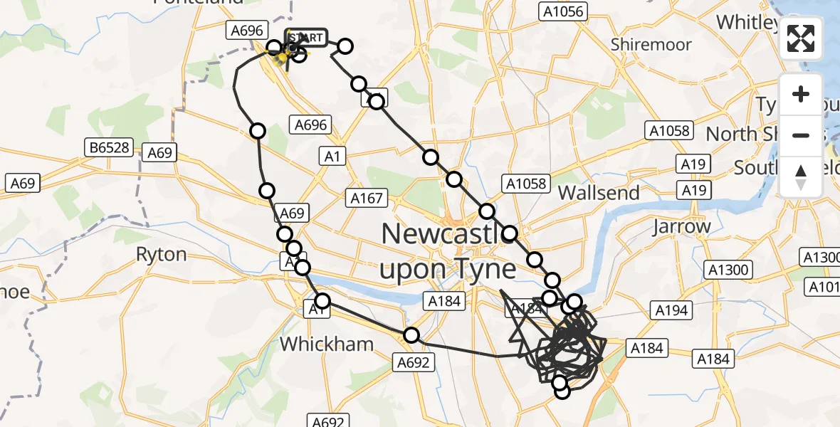Flight route Police Helicopter Newcastle International Airport - Newcastle International Airport, 17 October 2026, 14:47