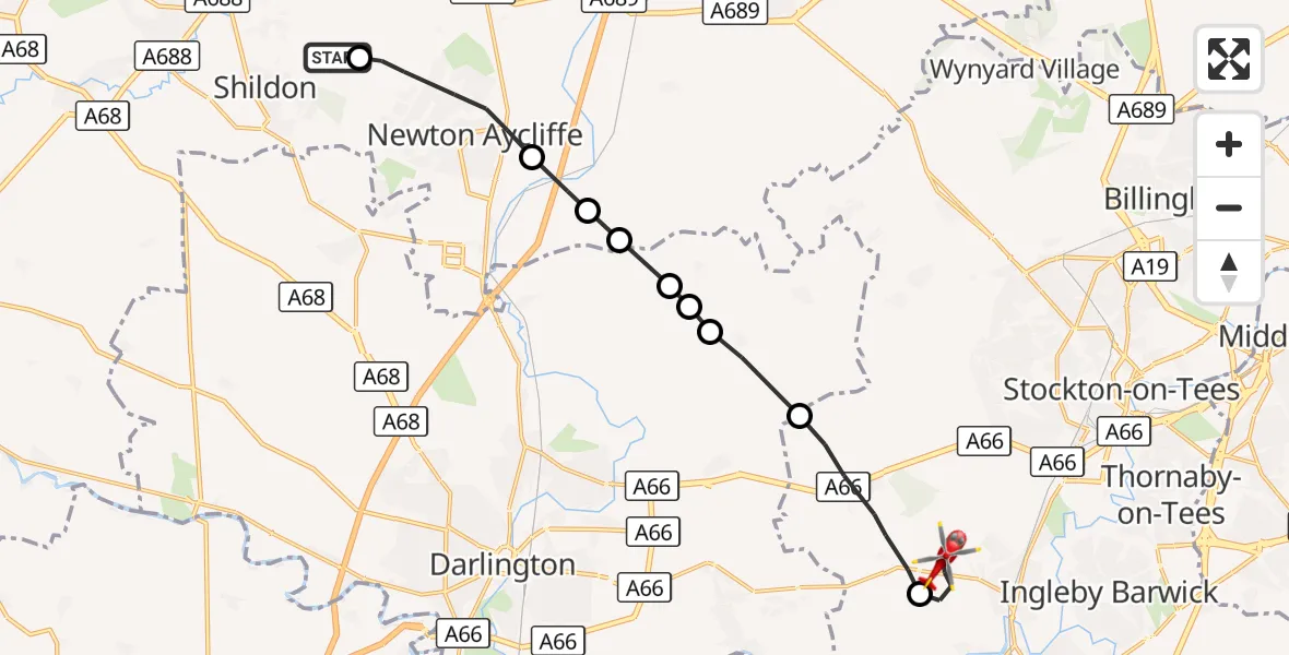 Flight route Air Ambulance Helicopter Eldon - Egglescliffe, 17 October 2026, 15:02