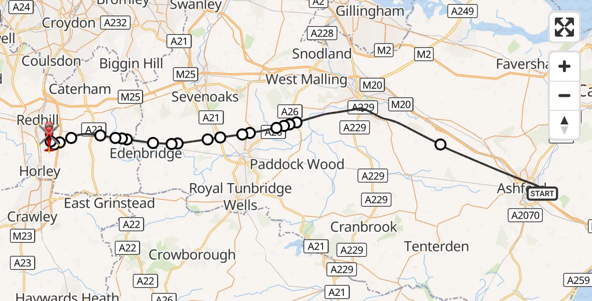 Flight route Air Ambulance Helicopter Ashford - Redhill Aerodrome, 17 October 2026, 15:20