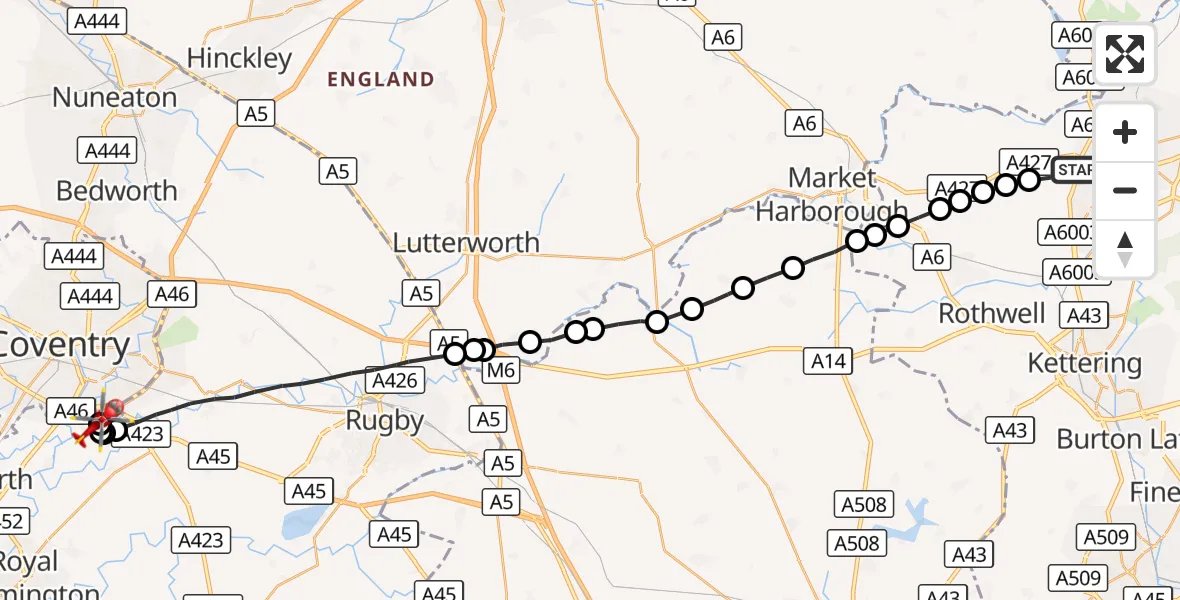 Flight route Air Ambulance Helicopter Corby - Coventry Airport, 17 October 2026, 15:21