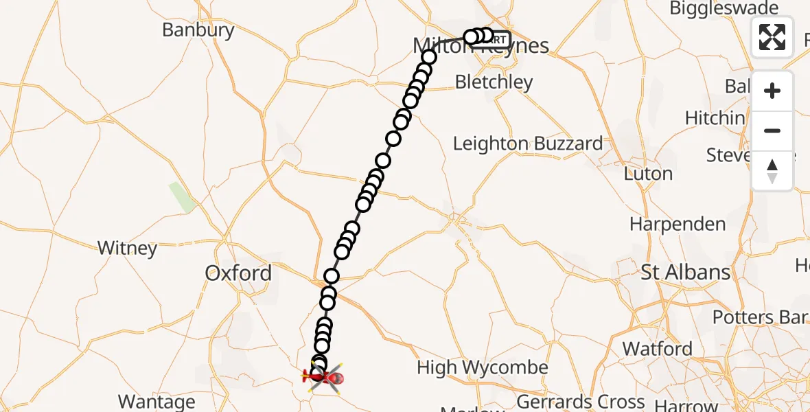Flight route Air Ambulance Helicopter Central Milton Keynes - RAF Benson, 17 October 2026, 15:22