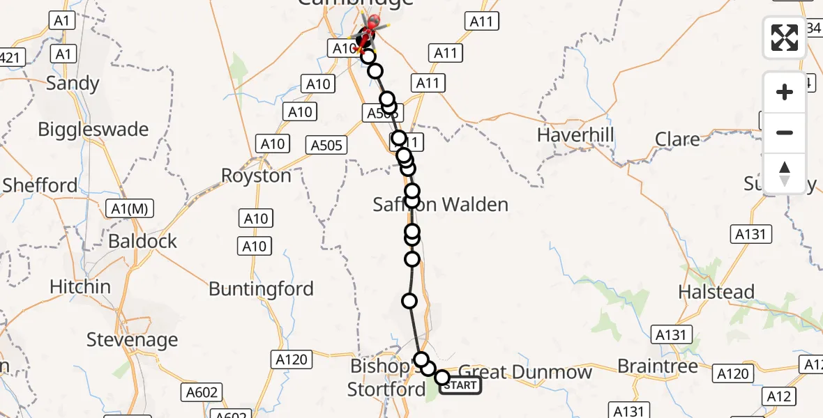 Flight route Air Ambulance Helicopter Takeley - Papworth Hospital, 17 October 2026, 15:37