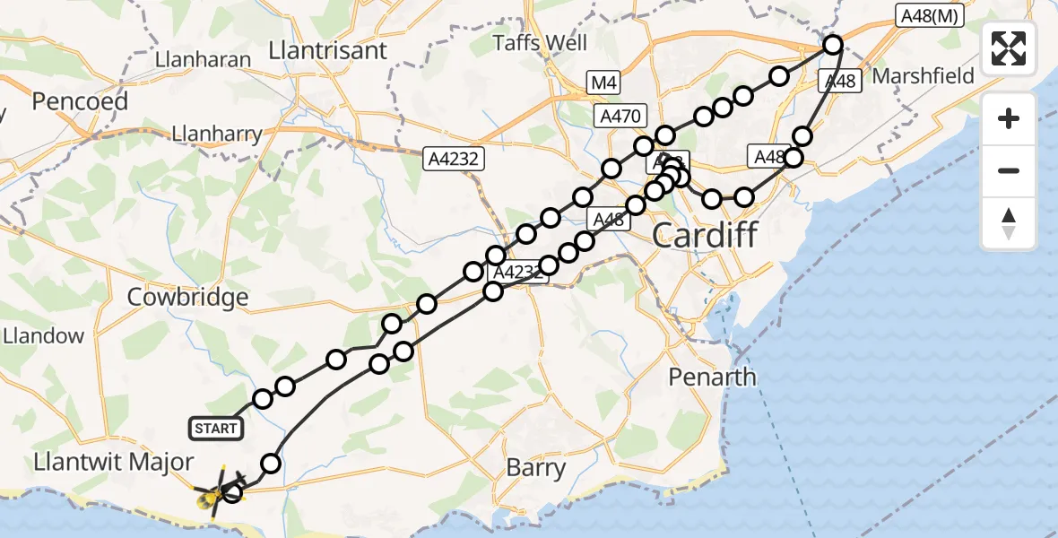 Flight route Police Helicopter St Mary Church - MOD St Athan, 17 October 2026, 15:39