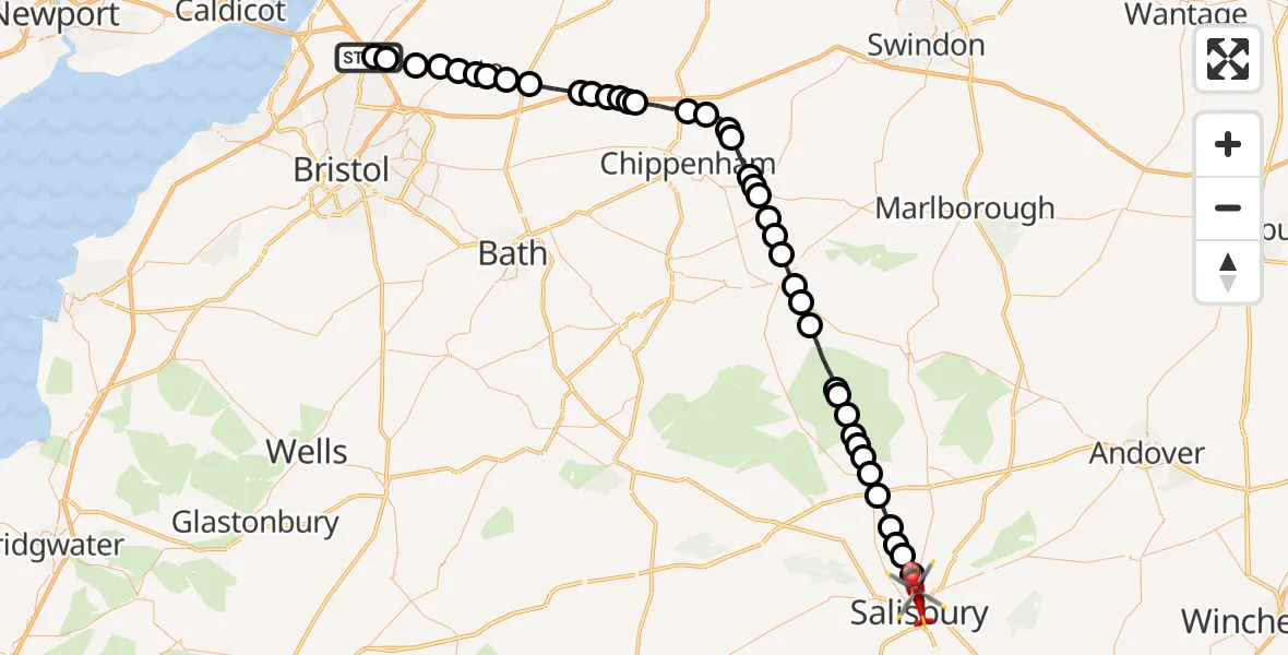 Flight route Air Ambulance Helicopter Almondsbury Helicopter Base - Stratford-sub-Castle, 17 October 2026, 16:10