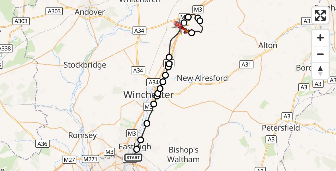 Flight route Air Ambulance Helicopter Southampton Airport - Micheldever, 17 October 2026, 16:19