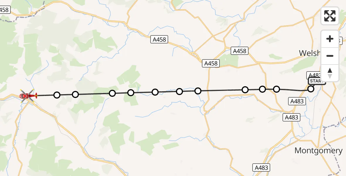 Flight route Air Ambulance Helicopter Welshpool Airport - Llanbrynmair, 17 October 2026, 16:37