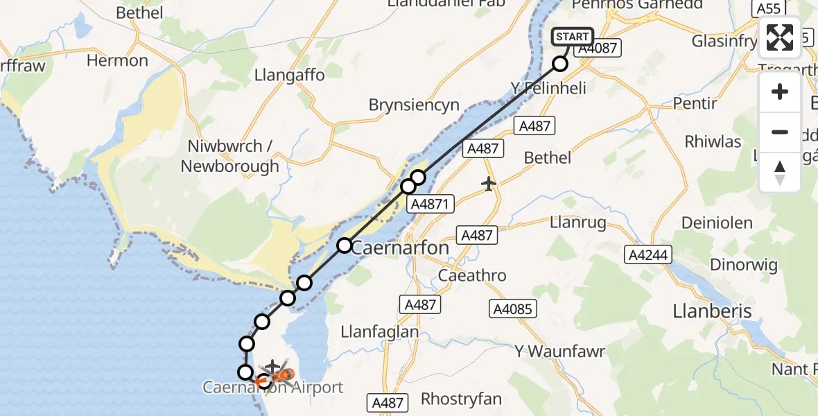 Flight route Coastguard Helicopter Aber Pwll - Caernarfon Airport, 17 October 2026, 16:45