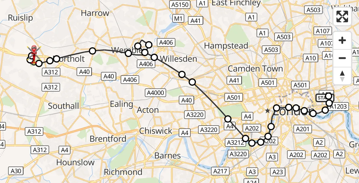 Flight route Air Ambulance Helicopter Royal London Hospital - RAF Northolt, 17 October 2026, 17:05