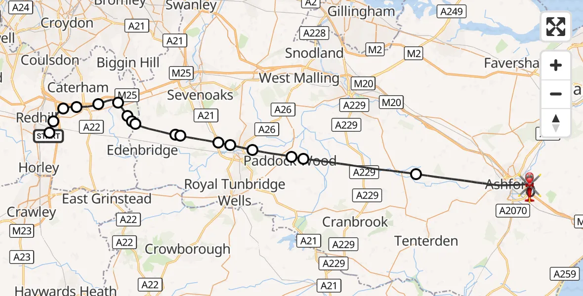Flight route Air Ambulance Helicopter Redhill Aerodrome - Ashford, 17 October 2026, 17:08