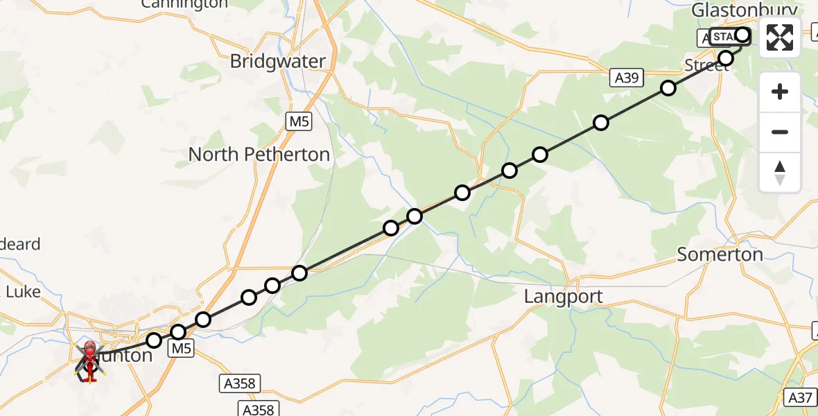 Flight route Air Ambulance Helicopter Glastonbury - Musgrove Hospital, 17 October 2026, 17:21