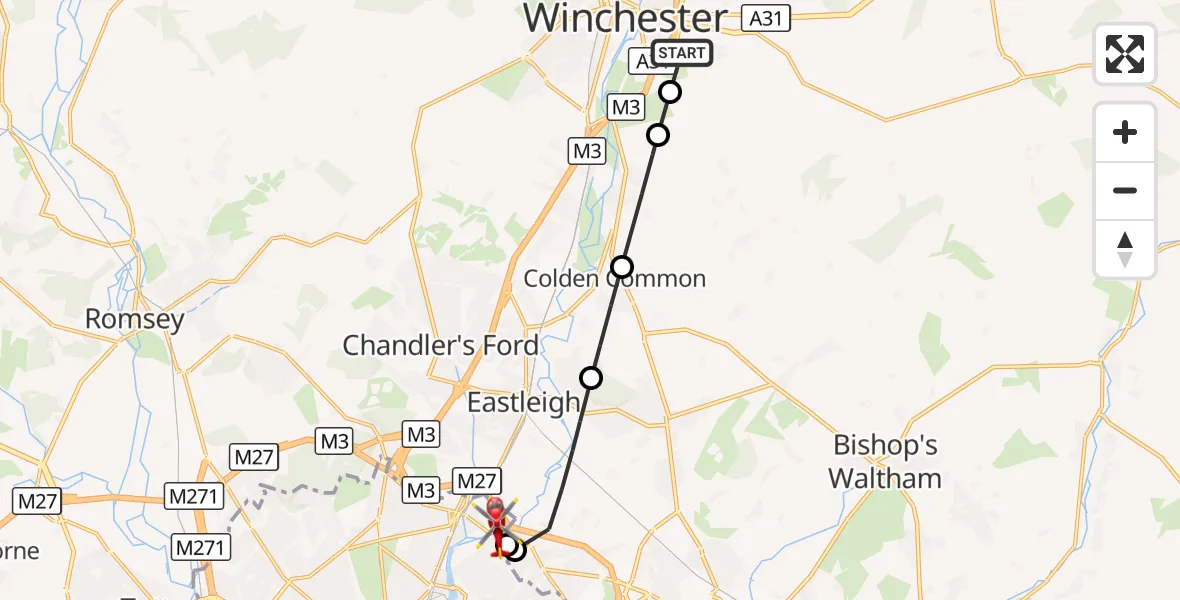 Flight route Air Ambulance Helicopter Chilcomb - Mansbridge, 17 October 2026, 17:23