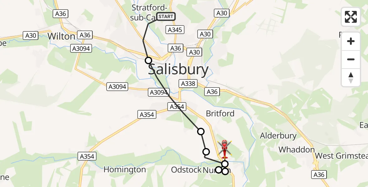 Flight route Air Ambulance Helicopter Stratford-sub-Castle - Bodenham, 17 October 2026, 17:36
