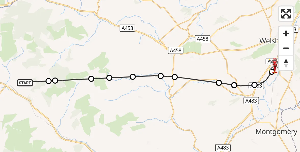 Flight route Air Ambulance Helicopter Llanbrynmair - Welshpool Airport, 17 October 2026, 17:40