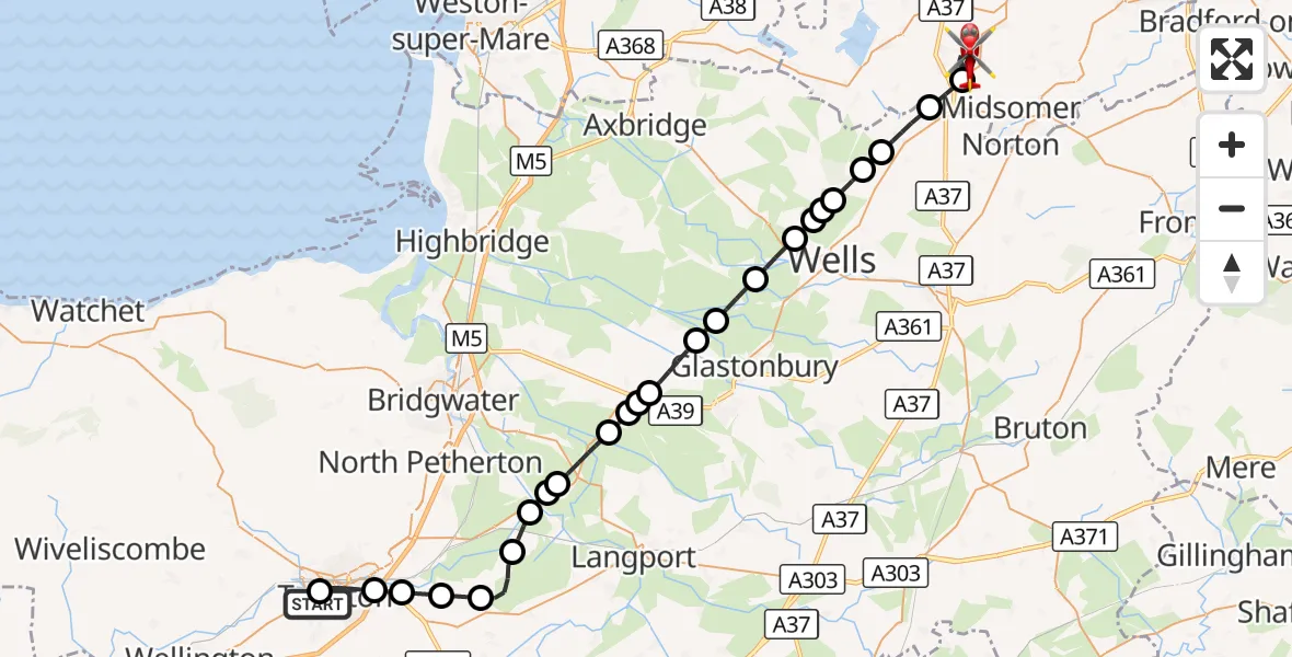 Flight route Air Ambulance Helicopter Musgrove Hospital - High Littleton, 17 October 2026, 18:00