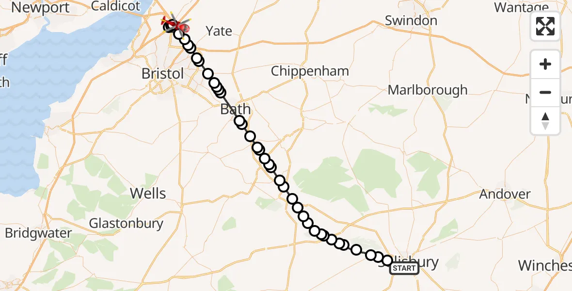 Flight route Air Ambulance Helicopter Salisbury - Almondsbury Helicopter Base, 17 October 2026, 18:05