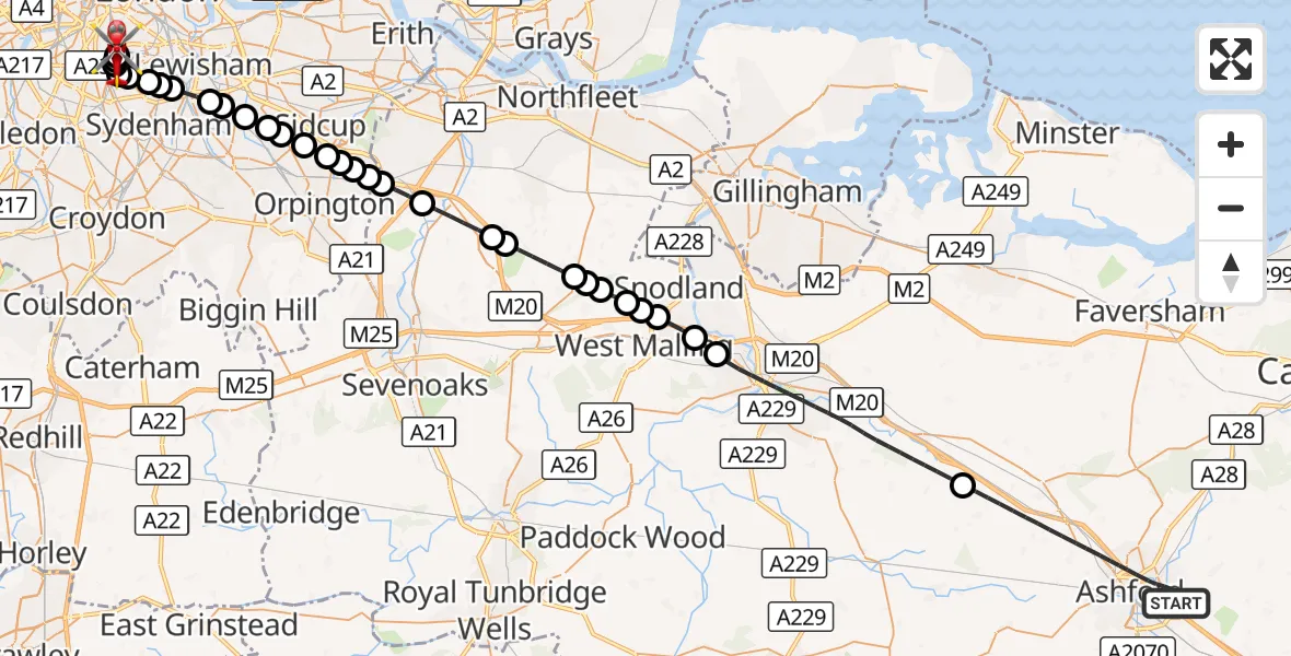 Flight route Air Ambulance Helicopter Ashford - Kings College London Hospital, 17 October 2026, 18:08