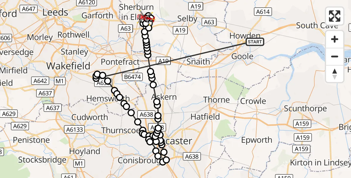 Flight route Air Ambulance Helicopter Balkholme - Sherburn-in-Elmet Airfield, 17 October 2026, 18:23