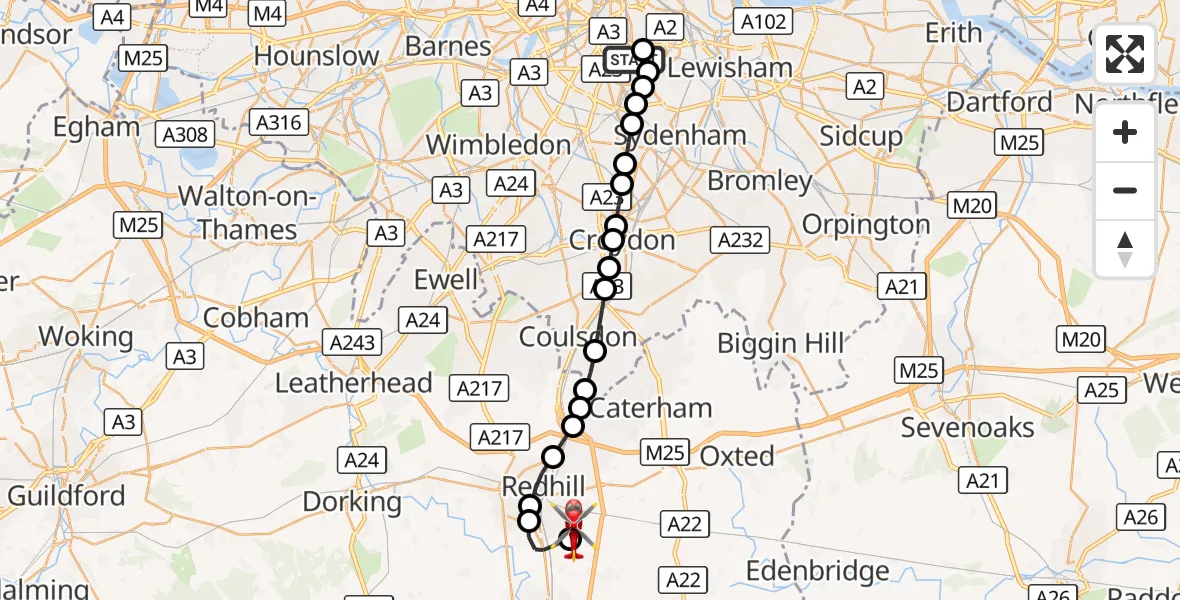 Flight route Air Ambulance Helicopter Kings College London Hospital - Redhill Aerodrome, 17 October 2026, 18:57