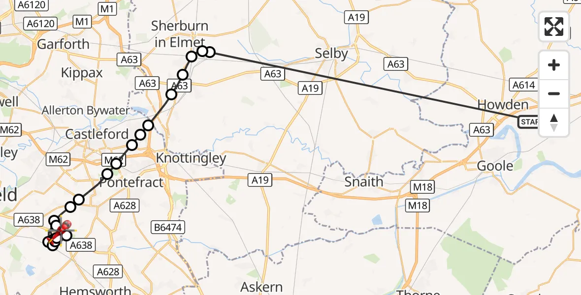 Flight route Air Ambulance Helicopter Balkholme - YAA Nostell Helicopter Port, 17 October 2026, 19:03