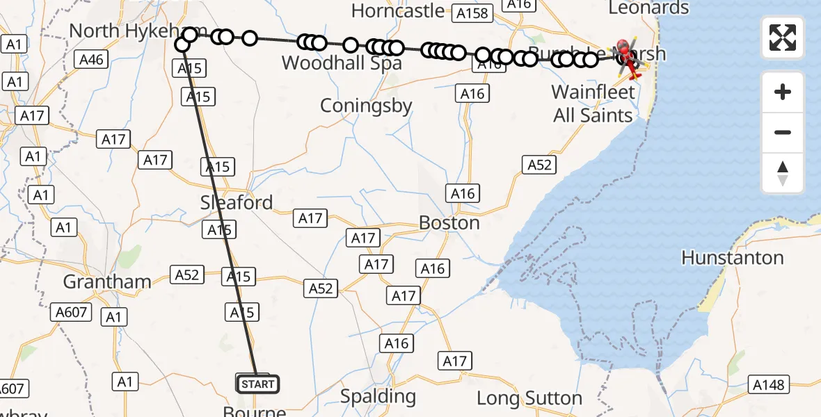 Flight route Air Ambulance Helicopter Morton - Skegness, 17 October 2026, 19:09