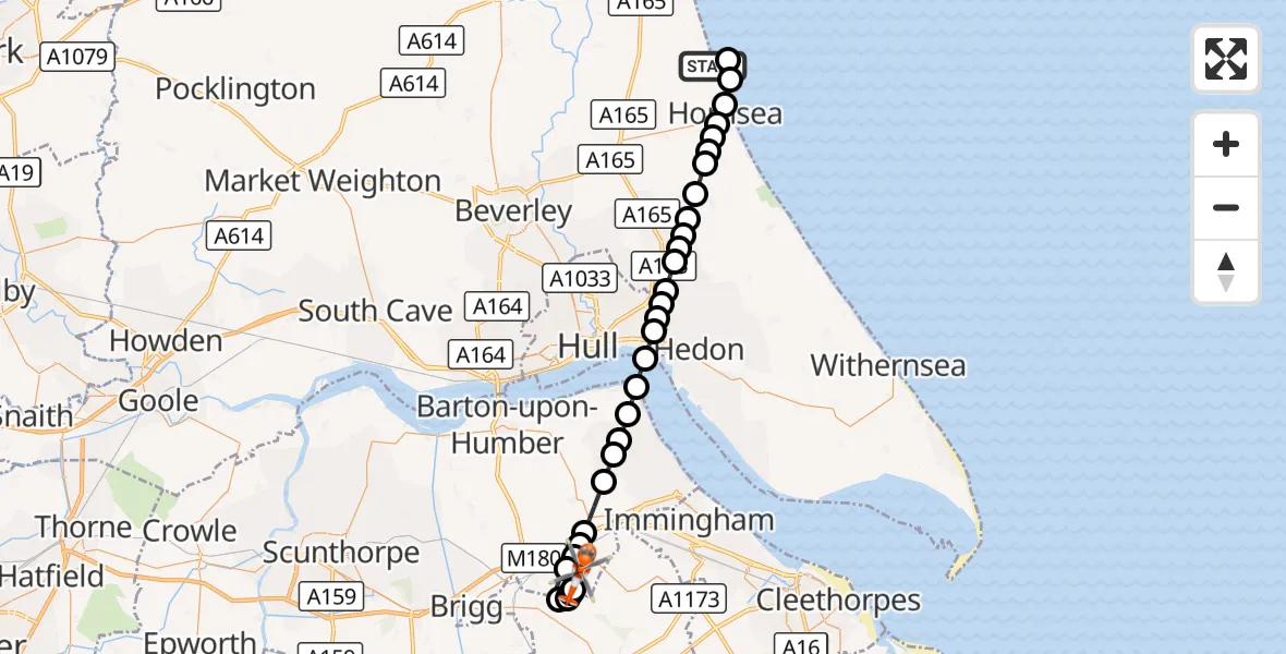 Flight route Coastguard Helicopter Atwick - Humberside Airport, 17 October 2026, 19:12