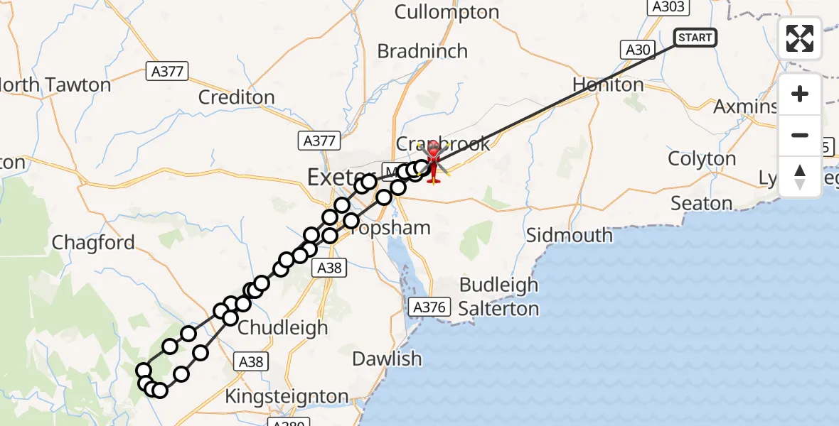 Flight route Air Ambulance Helicopter Stockland - Exeter International Airport, 17 October 2026, 19:19