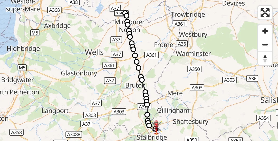 Flight route Air Ambulance Helicopter High Littleton - Henstridge Airfield, 17 October 2026, 19:21