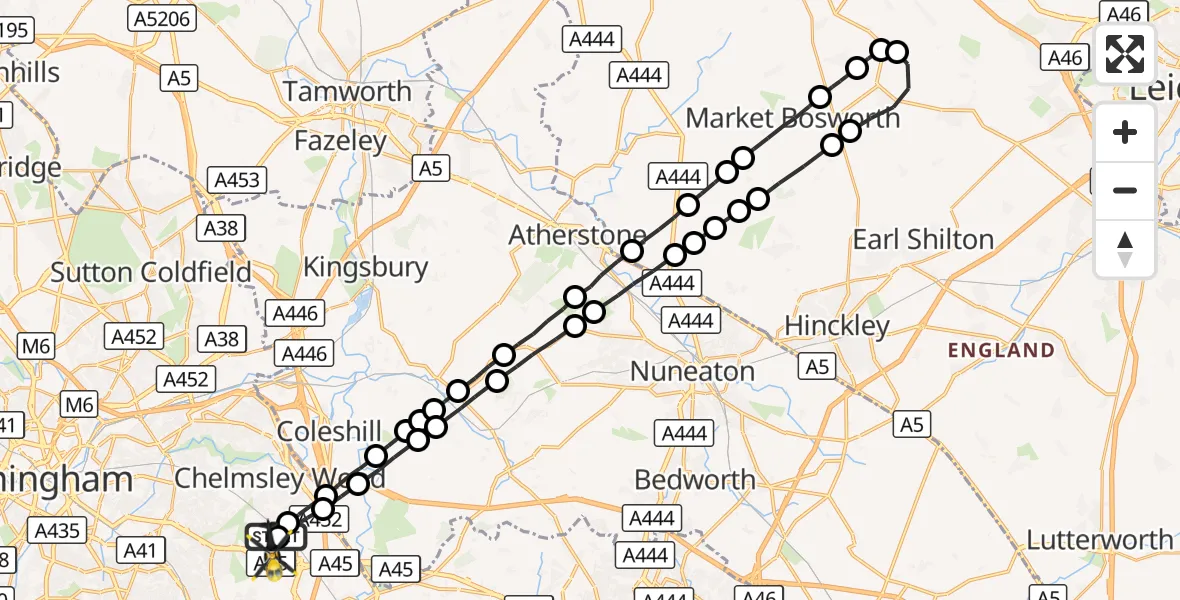 Flight route Police Helicopter Birmingham Airport - Birmingham Airport, 17 October 2026, 19:25