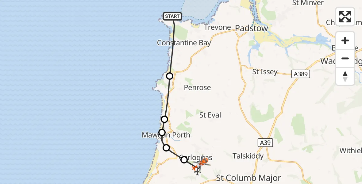 Flight route Coastguard Helicopter Constantine Bay - Cornwall Airport Newquay, 17 October 2026, 19:26